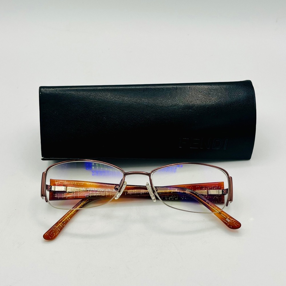 Fendi F877 Brown Semi-Rimless Eyeglasses Tortoise Glitter Zucca Logo 51-17-135